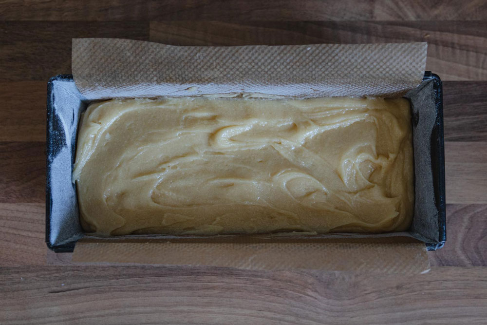 pound cake batter in a loaf pan