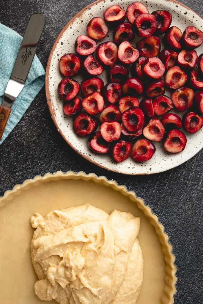 assembling the cherry frangipane tart