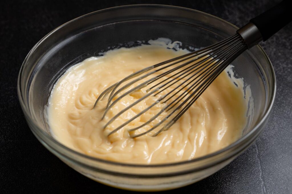pastry cream in a glass bowl with a whisk